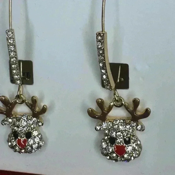 Betsy Johnson Holiday Reindeer Dangle  Gold Tone Rhinestone Crystal Earrings. - Picture 4 of 8